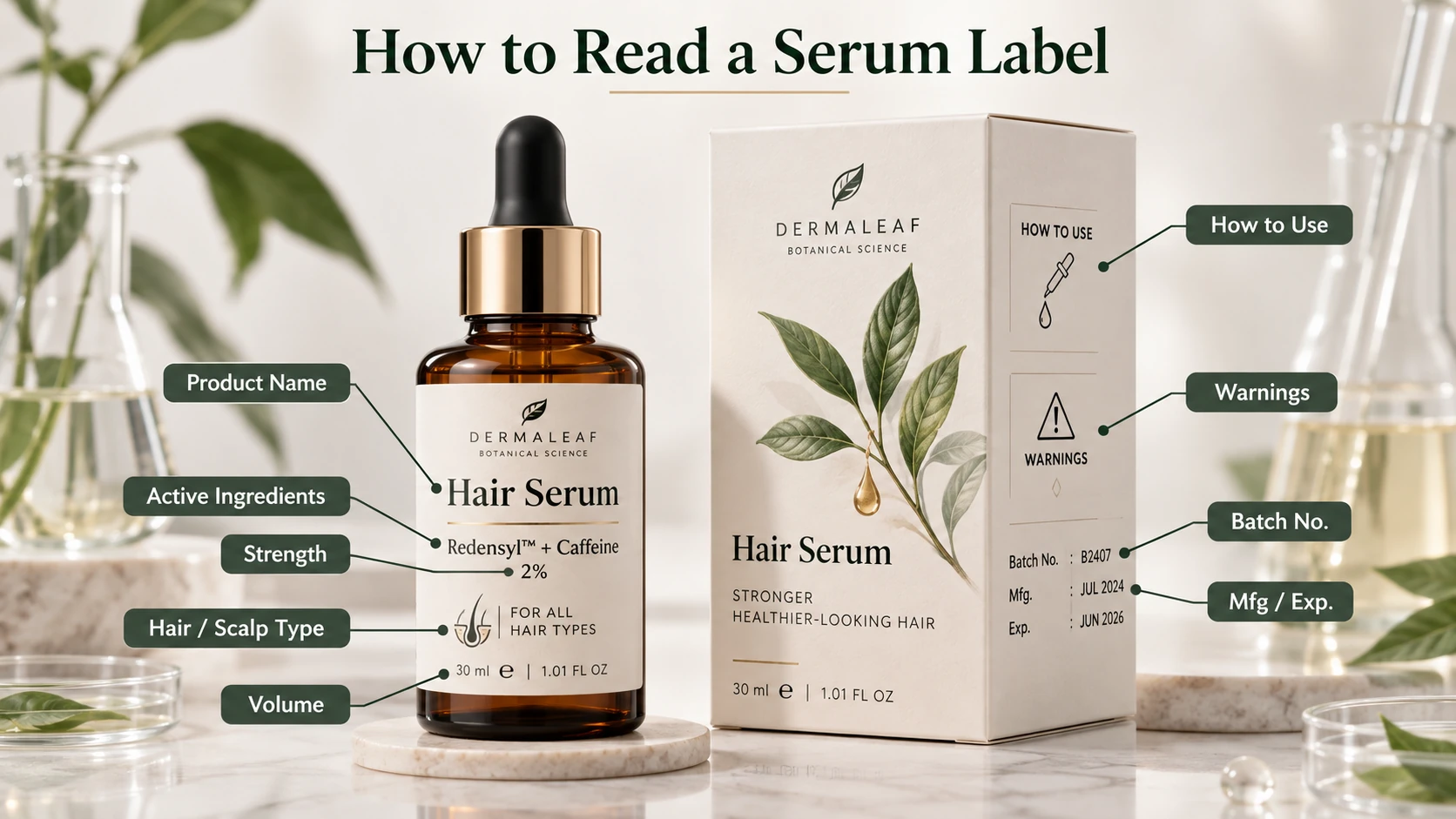 Abstract illustration of hair serum ingredient label evaluation and cosmetic versus medicated product classification