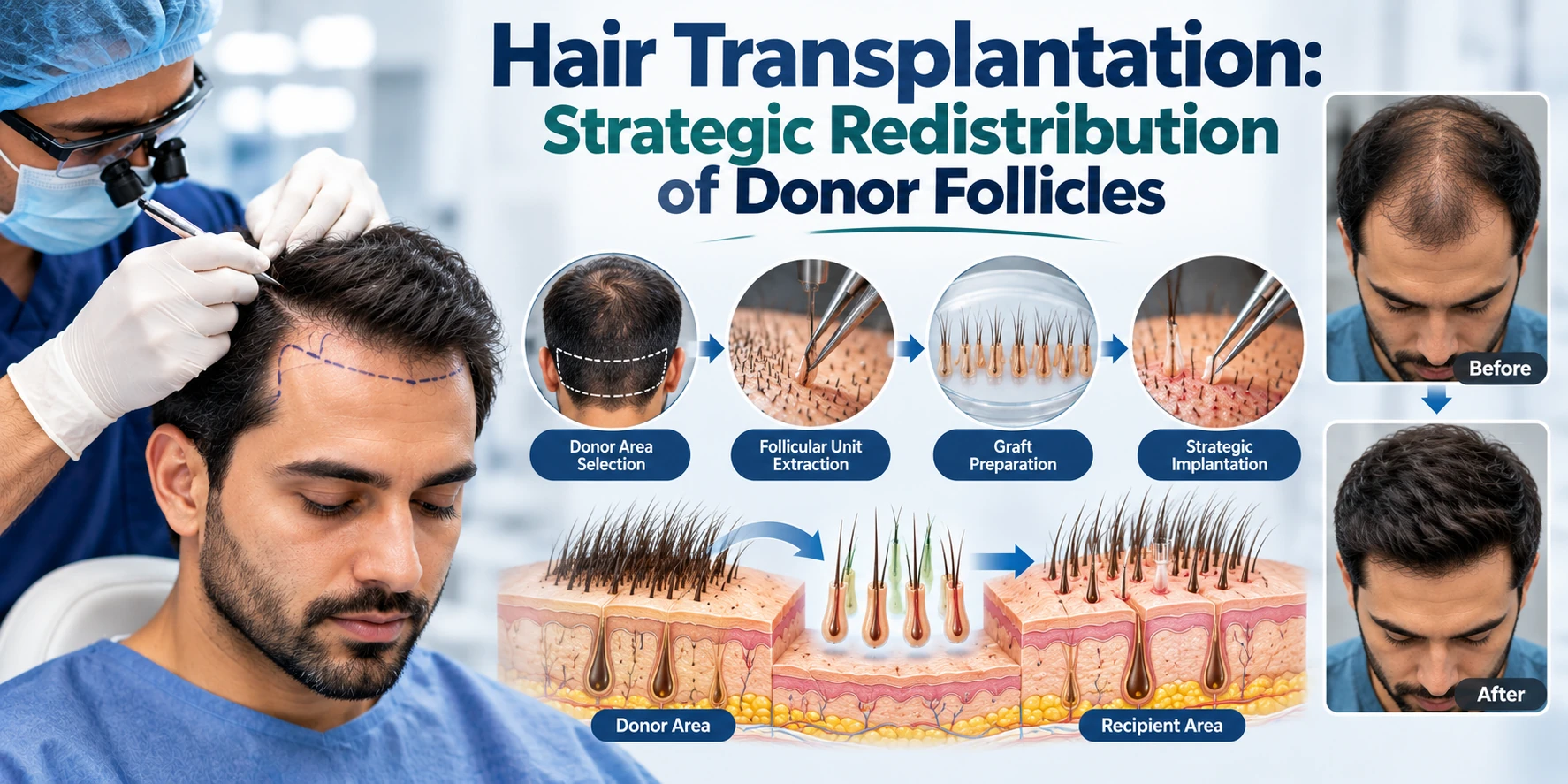 Hair transplant donor-to-recipient planning concept, illustrated for patient education