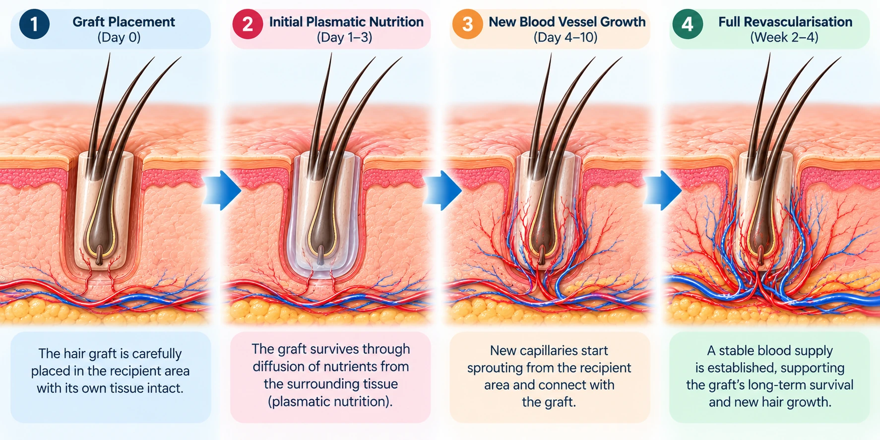 Sequence showing a transplanted follicular graft establishing microvascular support in recipient scalp tissue.