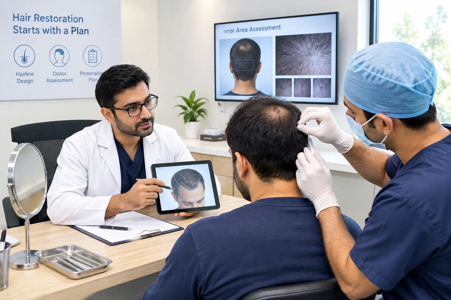 A calm surgical consultation and donor-area assessment environment