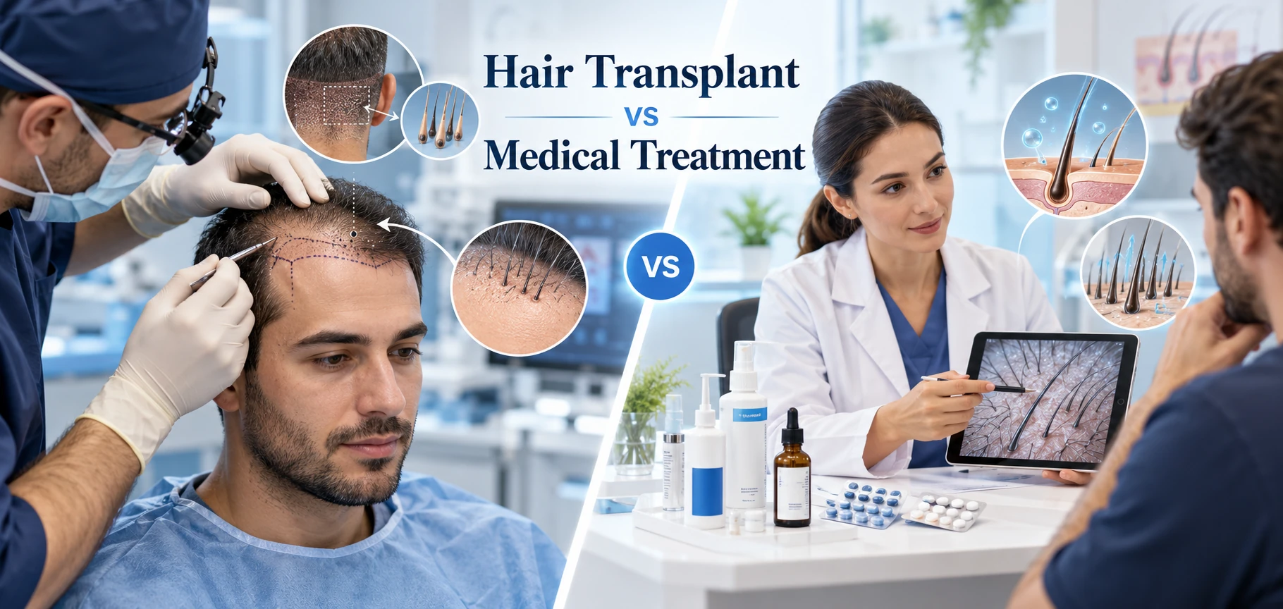 Scientific comparison of hair transplantation and medical hair-loss treatment within a dermatologist-led restoration plan