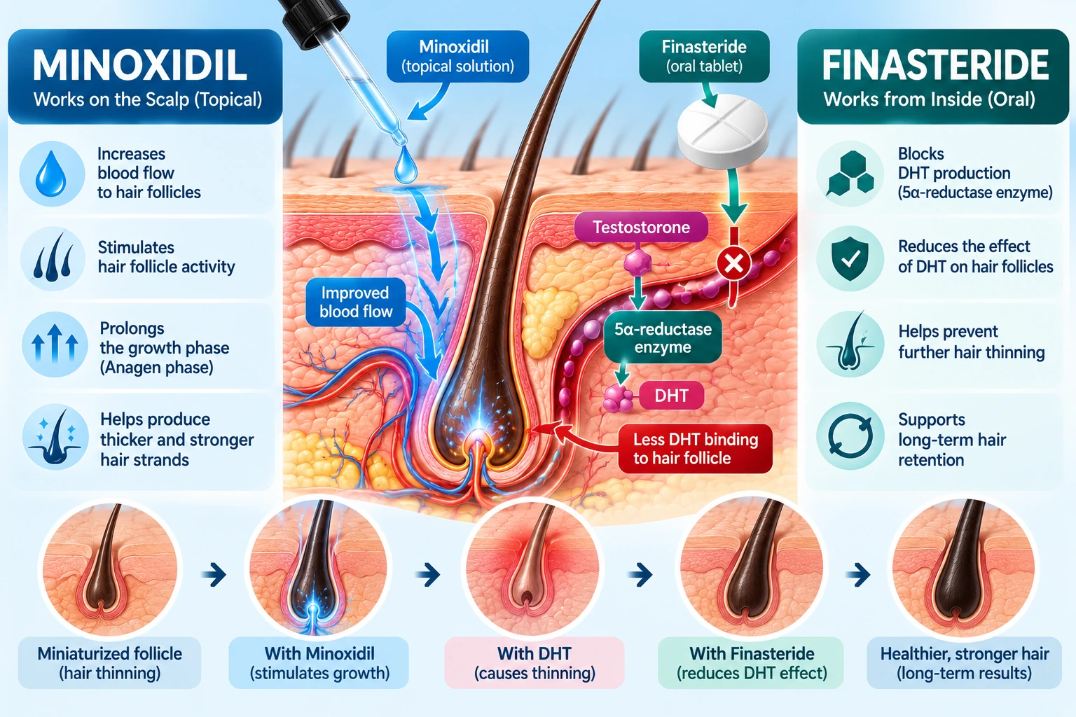 Follicle cross-section diagram comparing where minoxidil and finasteride act in the hair-loss pathway