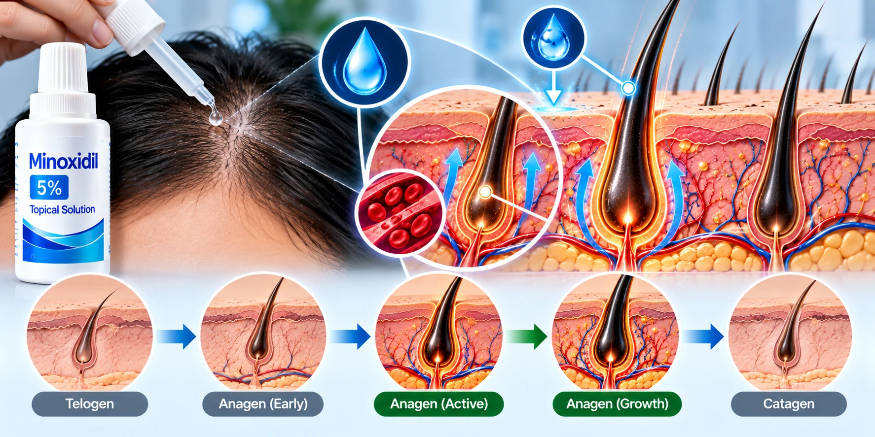 Minoxidil's role in supporting the hair-growth cycle, illustrated for patient education
