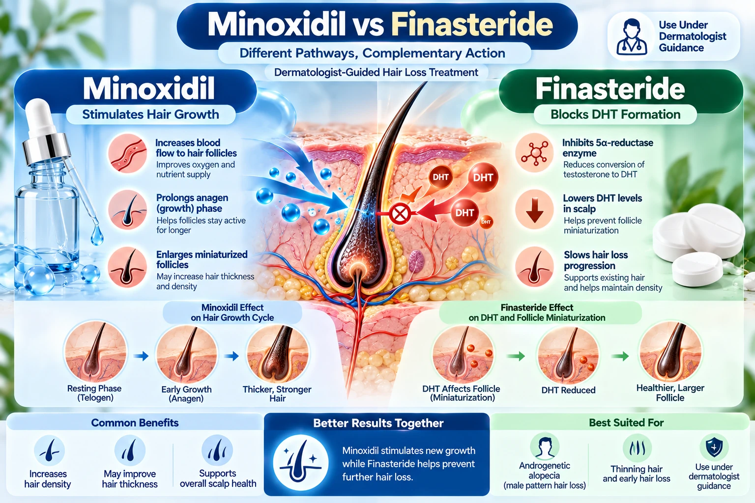 Scientific comparison of minoxidil and finasteride pathways for dermatologist-guided hair-loss treatment