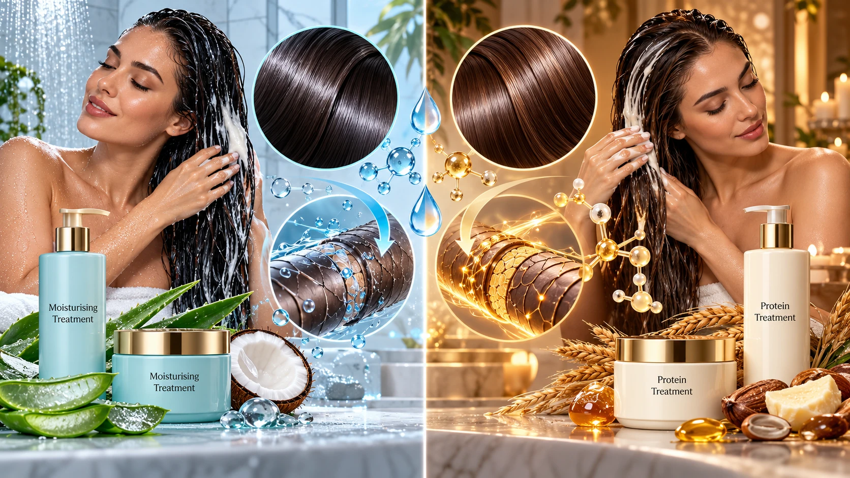 Abstract comparison of moisture-focused and protein-focused hair treatment ingredient systems