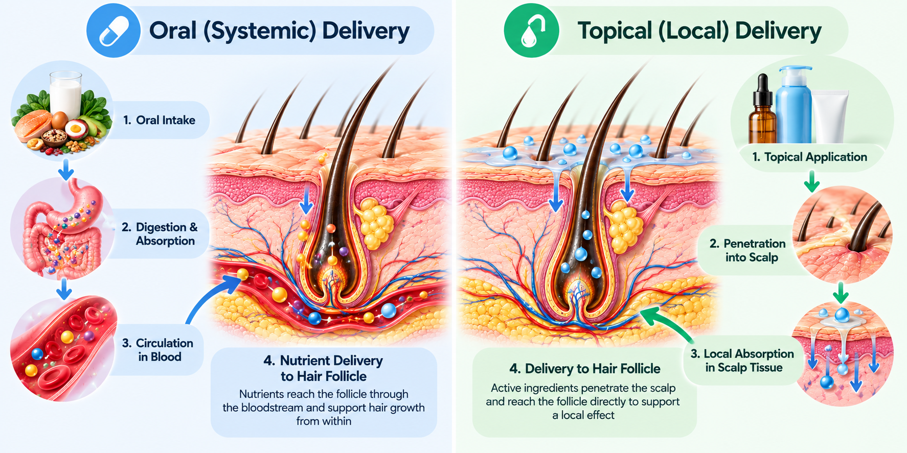 Comparison of systemic oral delivery and local topical delivery to scalp and follicular tissues.