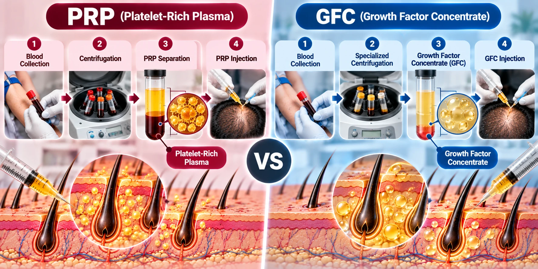 Diagram comparing the PRP and GFC blood-processing pathways, from blood draw to scalp injection