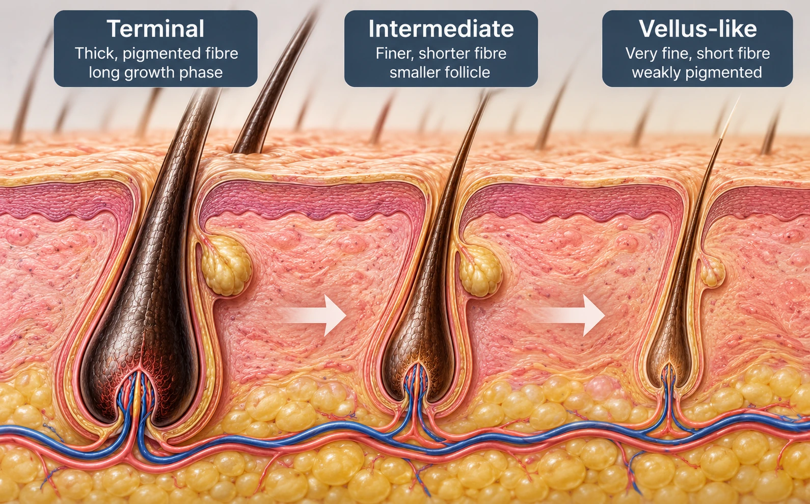 Comparison of terminal, intermediate and miniaturised hair follicles producing progressively finer hairs.