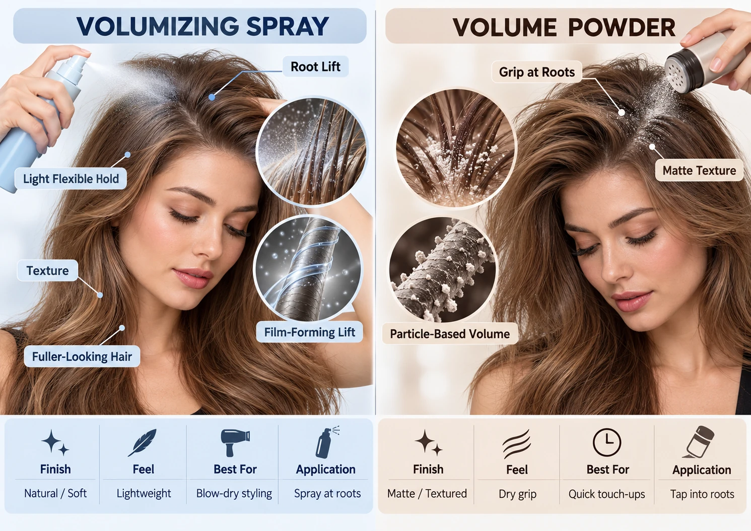 Cosmetic-science comparison of volumizing spray and volume powder for temporary root lift, texture and fuller-looking hair