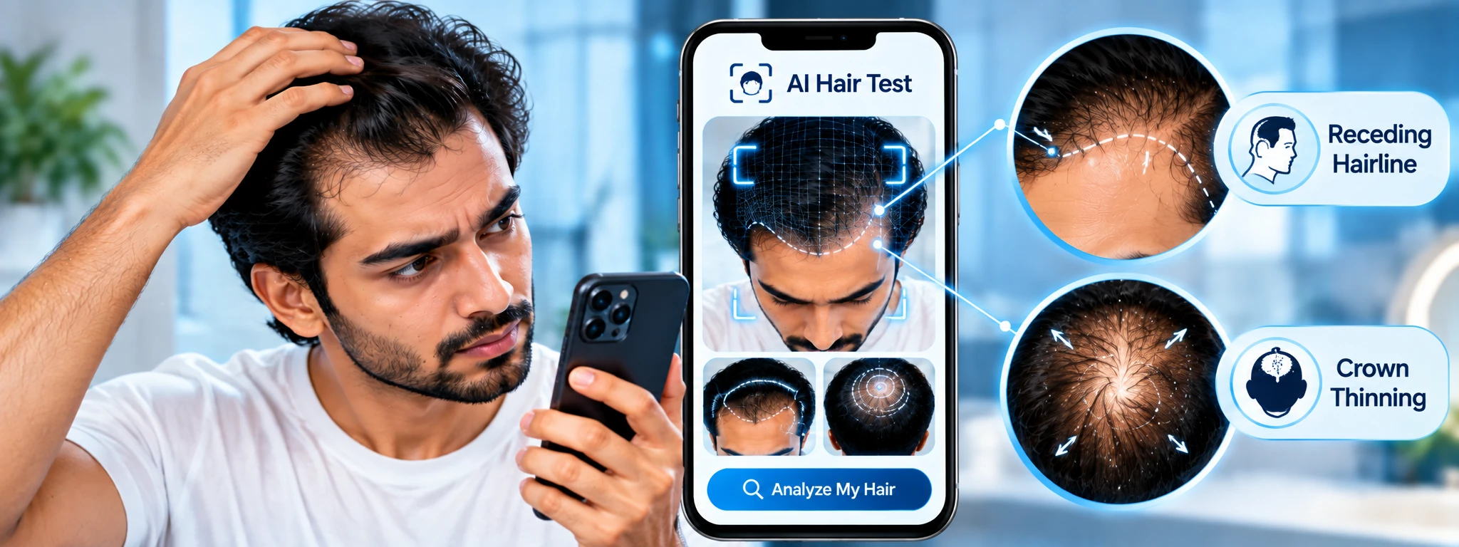 alt: "Indian man checking receding hairline and crown via AI hair test — Hairsncares" · 520×150 WebP