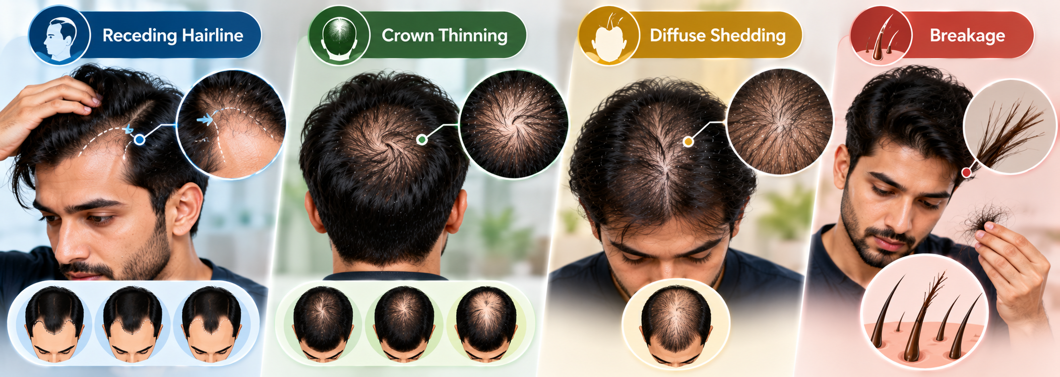 Types of male hair loss showing receding hairline, crown thinning, diffuse shedding, and hair breakage
