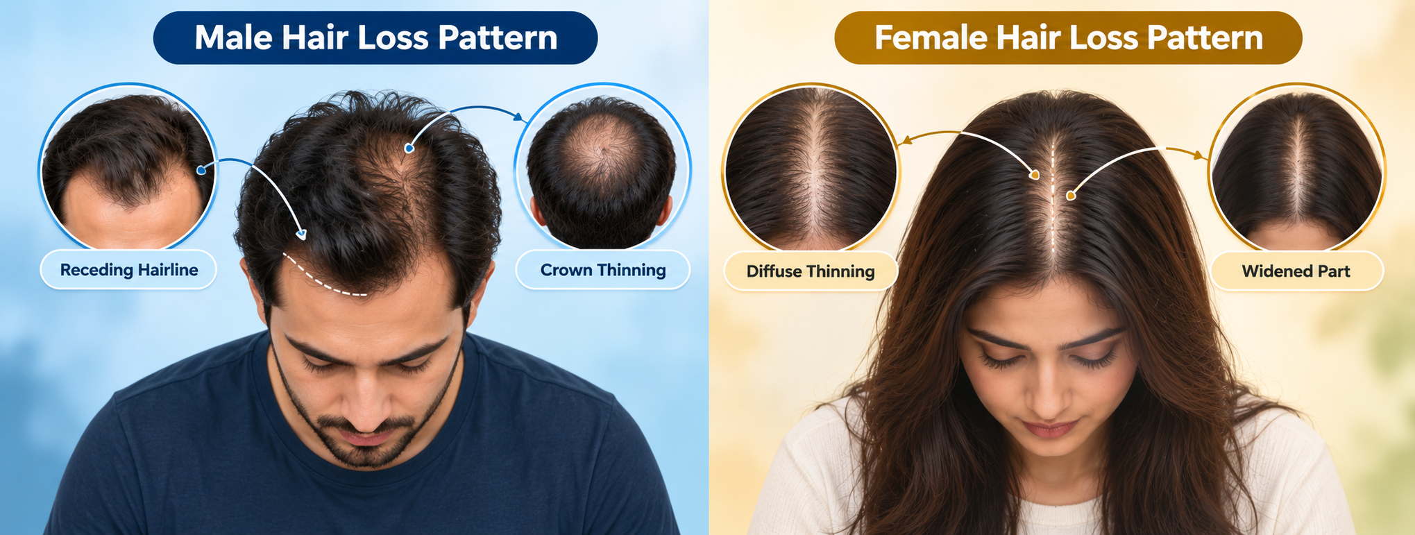 Male hairline and crown loss vs female diffuse thinning and widening part comparison