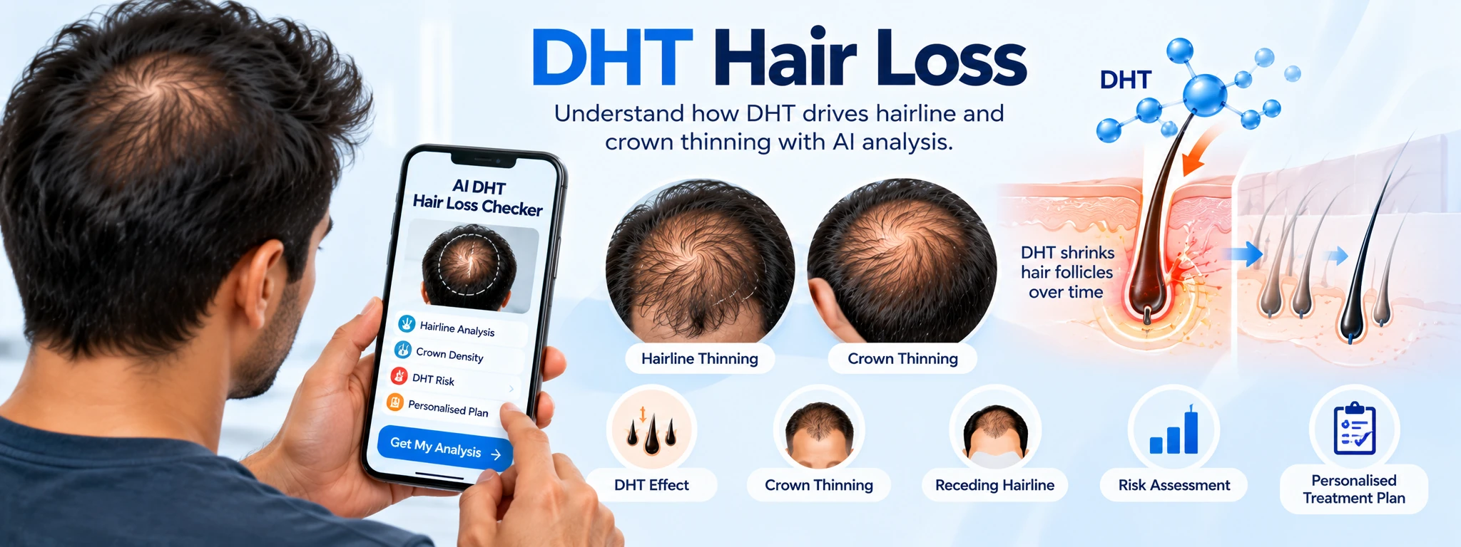 DHT Hair Loss – AI Hair Loss Checker Man using the AI DHT Hair Loss Checker to understand how DHT drives hairline and crown thinning — Hairsncares