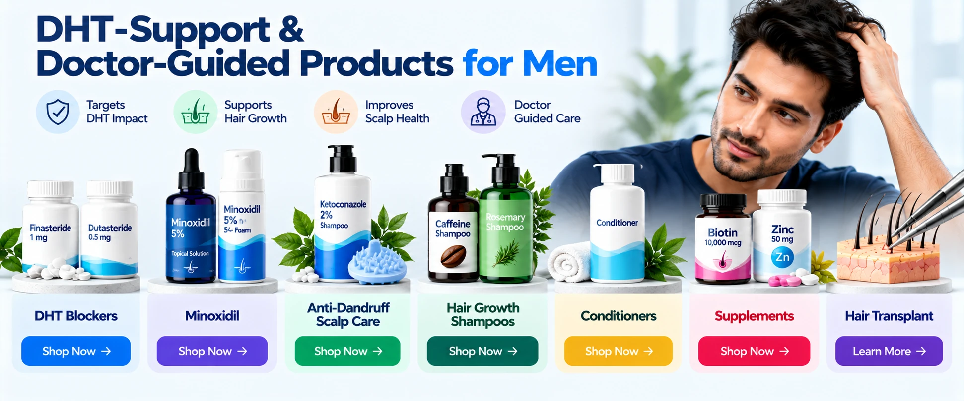 DHT-Support & Doctor-Guided Products for Men DHT-support and doctor-guided hair products for men including DHT blockers, minoxidil, anti-dandruff shampoo, hair growth shampoo, conditioner, and supplements.