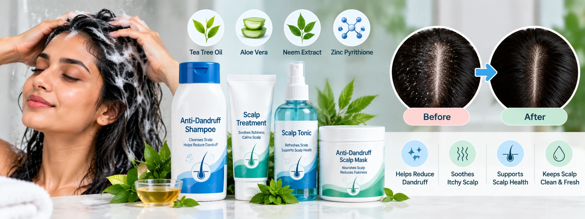 Anti-dandruff scalp care routine featuring anti-dandruff shampoo, scalp treatment, scalp tonic and scalp mask for dandruff and flaky scalp care.