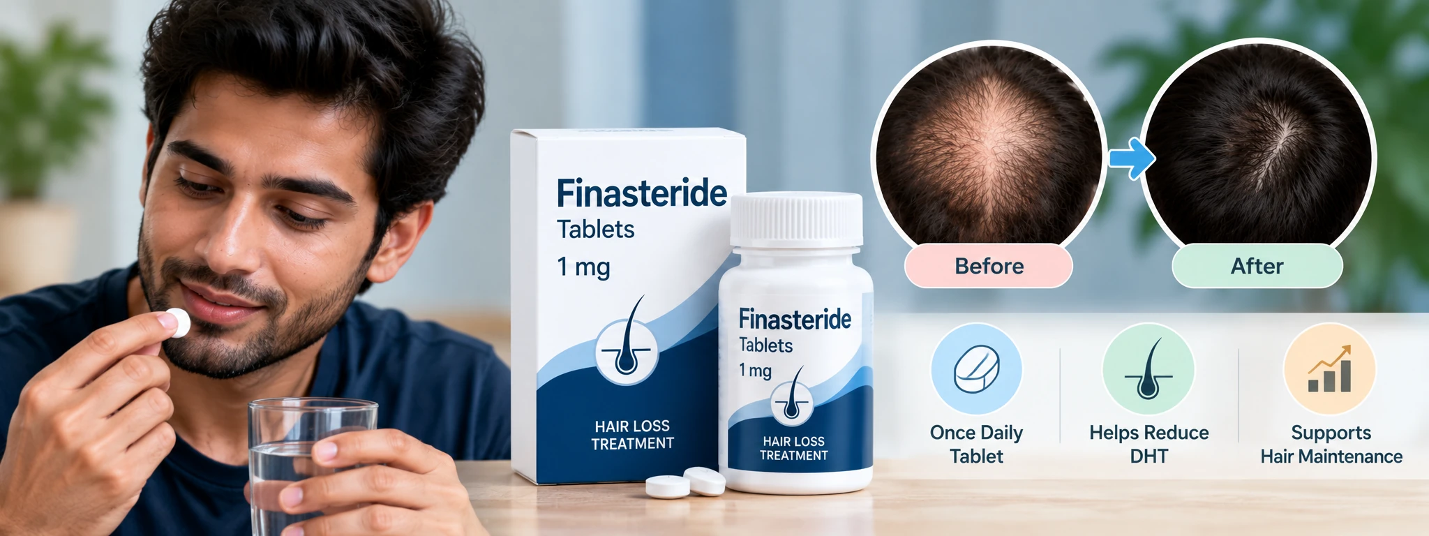 Finasteride 1 mg tablets for male pattern hair loss with product packaging, tablet use and scalp hair comparison.
