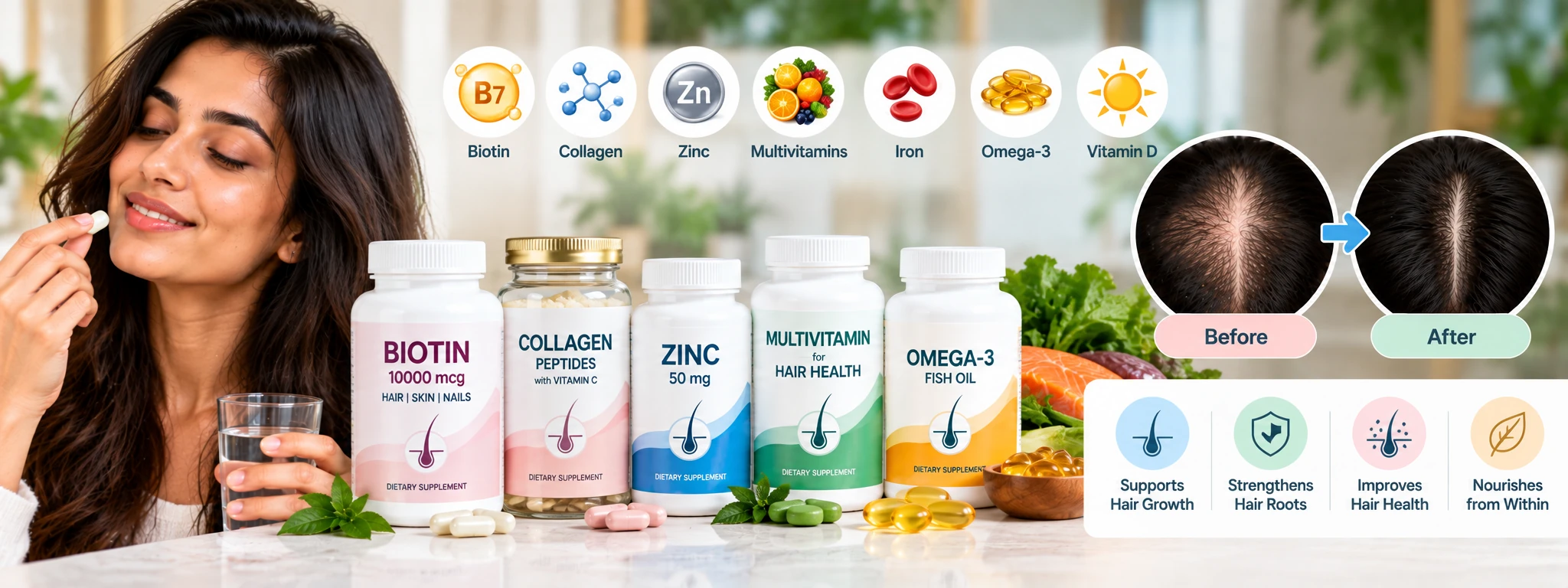 Hair supplements including biotin, collagen, zinc, multivitamins and omega-3 displayed with vitamins and nutrient-rich foods for hair health support.