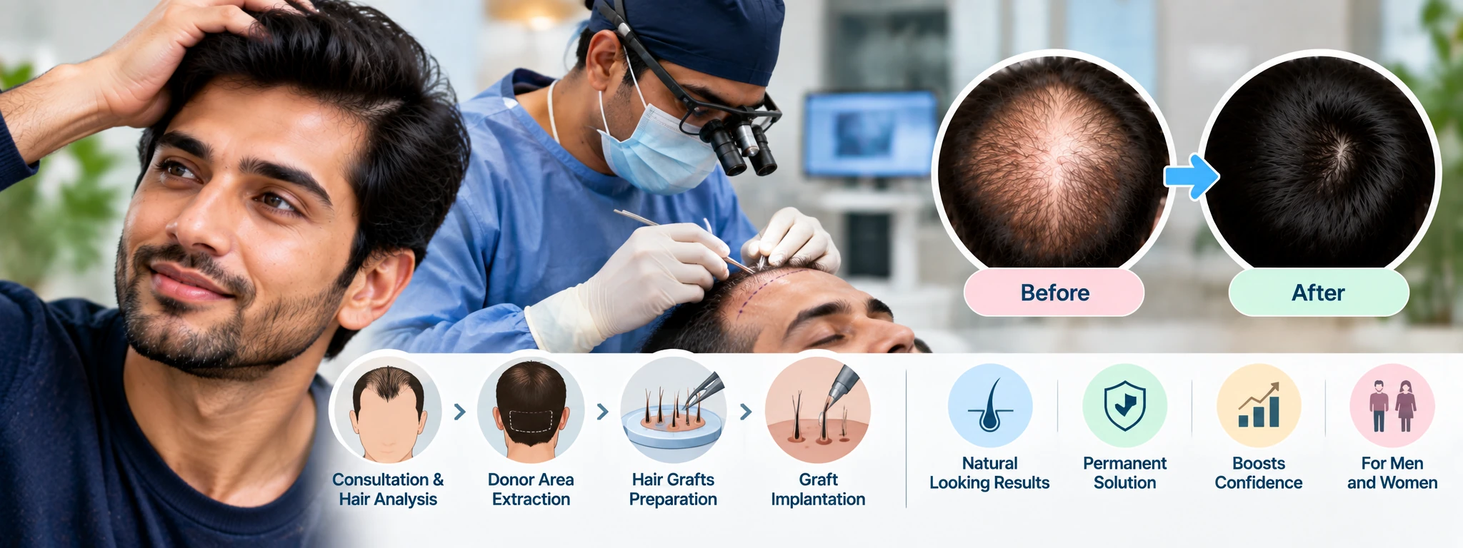 Hair transplant procedure showing consultation, donor area extraction, hair graft preparation, implantation and before-and-after results.