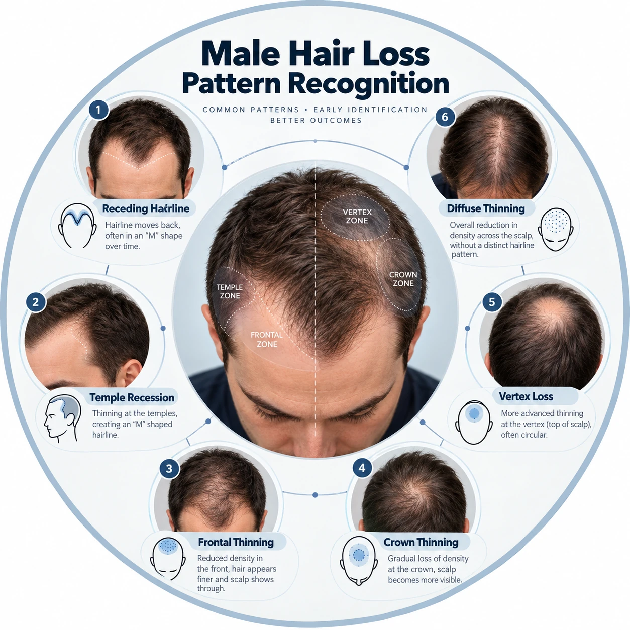 Male hair loss pattern recognition showing receding hairline, temple recession, frontal thinning, crown thinning, vertex loss and diffuse thinning.