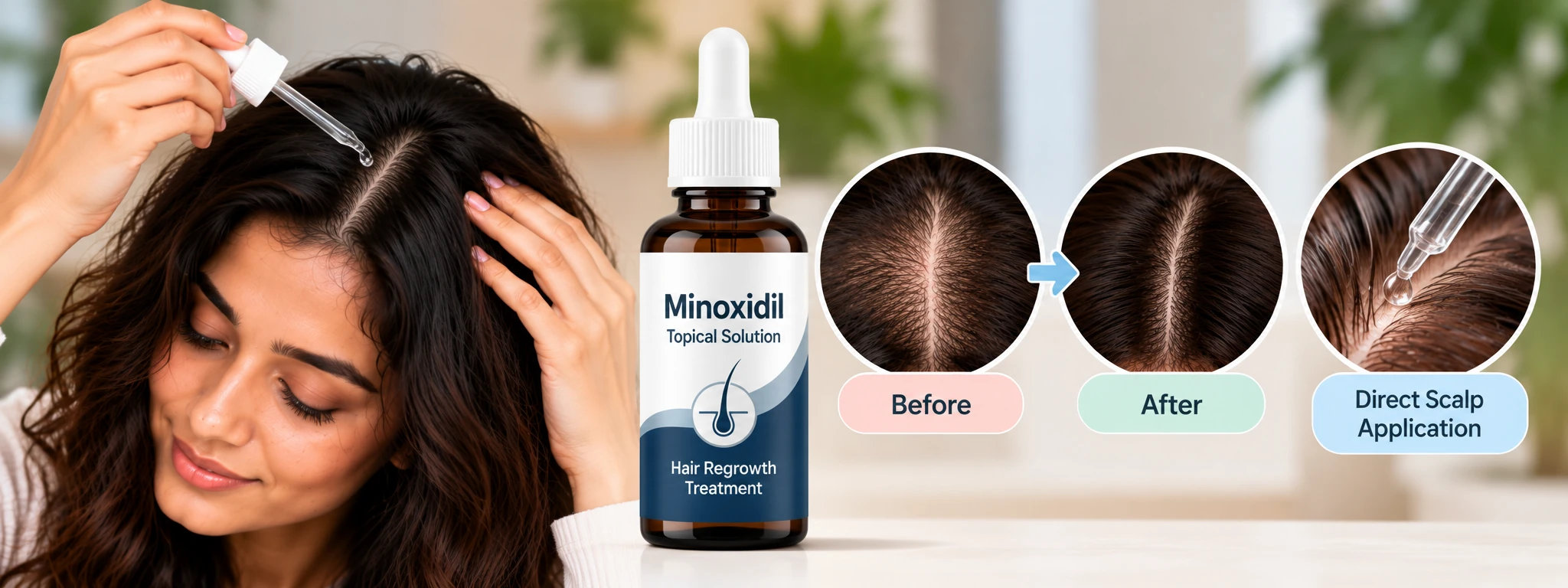 Minoxidil topical solution for hair regrowth, shown with applicator and scalp-application imagery for male pattern hair loss.