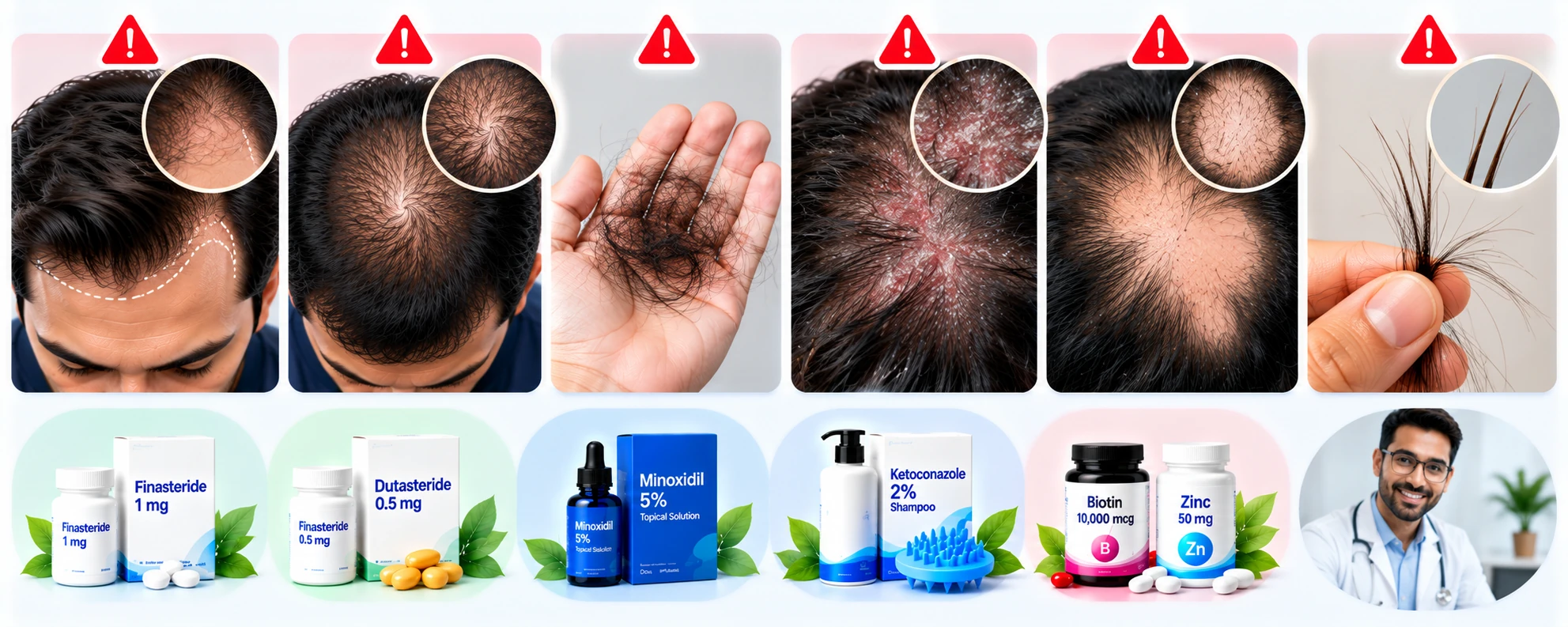 Red-Flag Symptoms of Male Hair Loss Red-flag hair loss symptoms showing rapid thinning, excessive shedding, inflamed scalp, bald patches, and damaged hair that may need dermatologist assessment.
