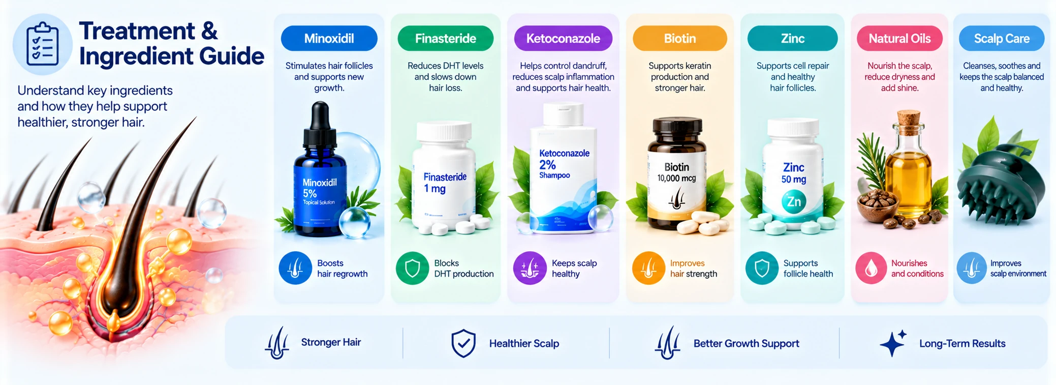 Male Hair Loss Treatment & Ingredient Guide Male hair loss treatment and ingredient guide showing minoxidil, finasteride, ketoconazole shampoo, biotin, zinc, natural oils, and scalp care.