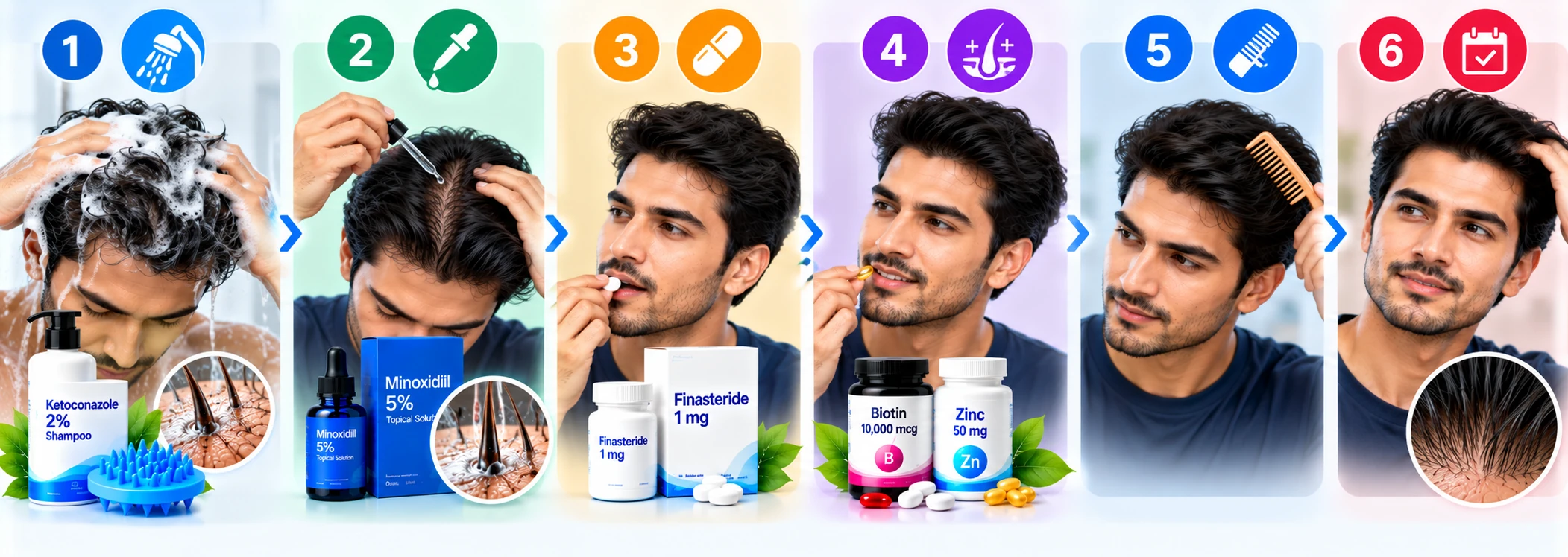 Men’s Hair Routine for Thinning Hair Men’s hair routine for thinning hair showing ketoconazole shampoo, minoxidil, doctor-guided finasteride, biotin, zinc, gentle grooming, and consistent care.
