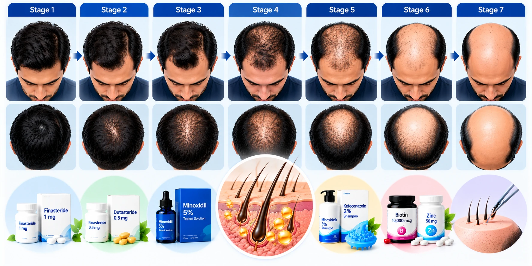 Norwood Scale Male Pattern Baldness Stages Norwood scale visual showing seven stages of male pattern baldness from early hairline recession to advanced crown hair loss with labeled treatment products.