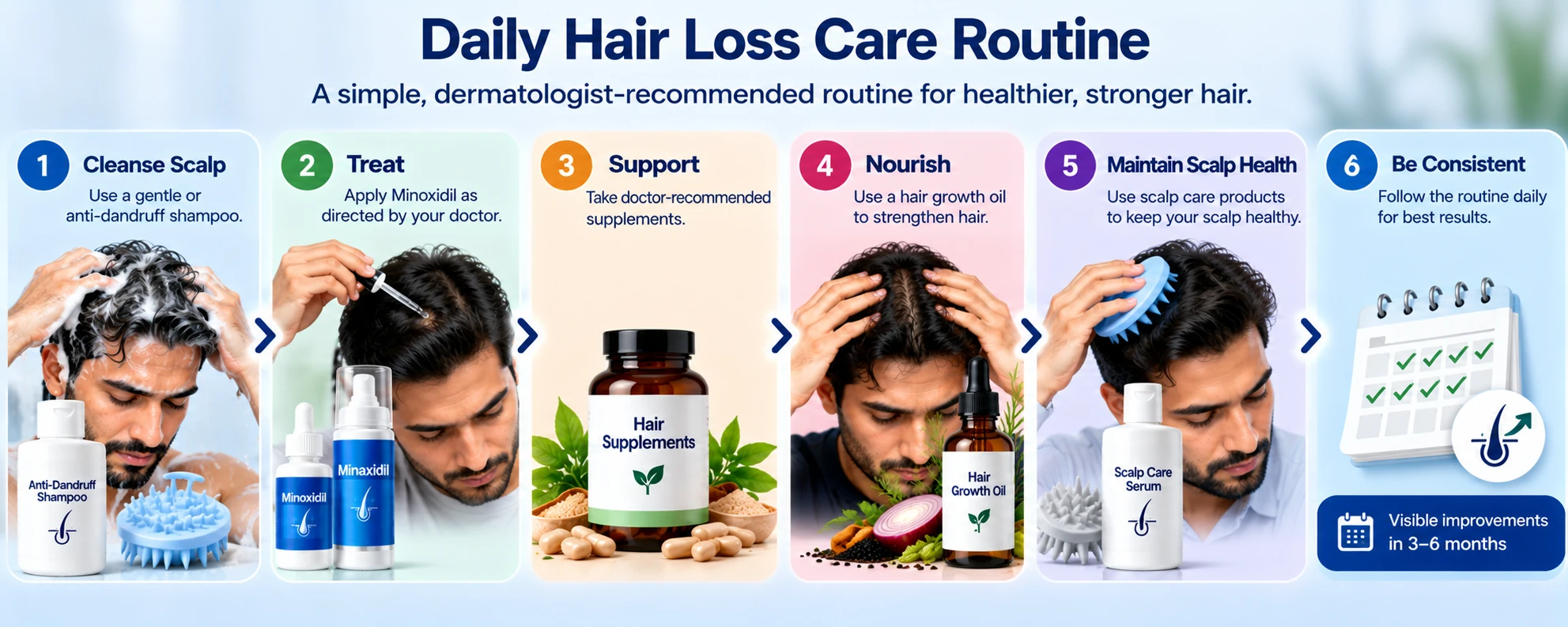 Daily Hair Loss Care Routine for Men Daily hair loss care routine for men showing scalp cleansing, Minoxidil application, supplements, hair oil, scalp care, and consistent treatment.