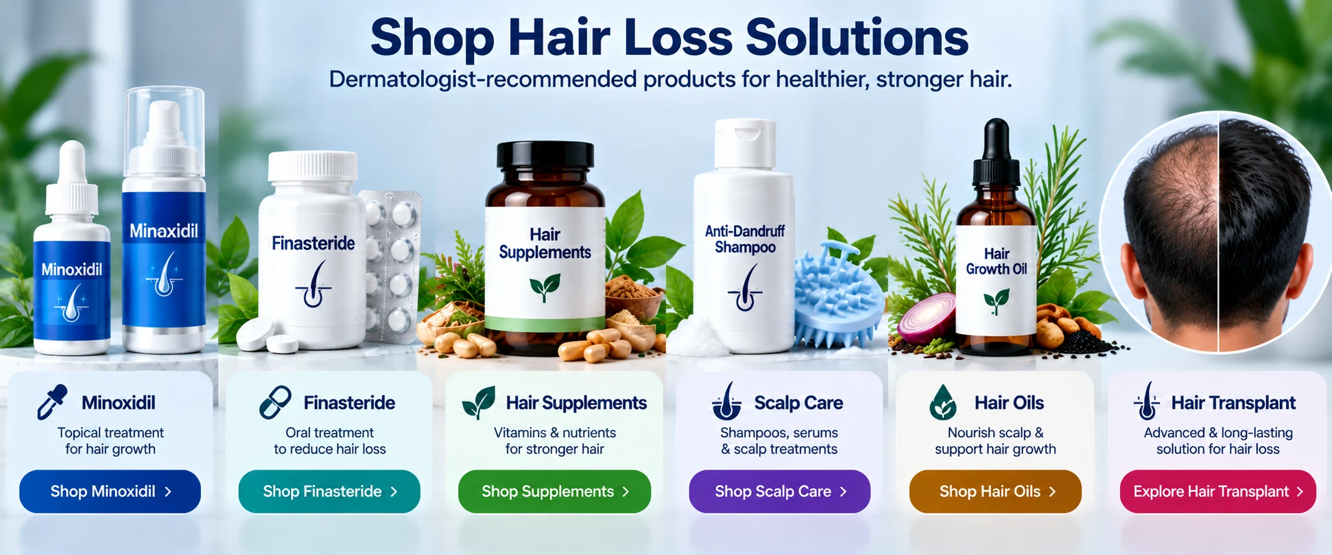 Shop Hair Loss Solutions for Men Hair loss solutions for men featuring Minoxidil, Finasteride, hair supplements, scalp care, hair oils, and hair transplant options.