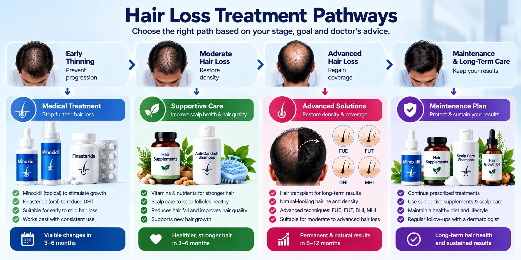Hair Loss Treatment Pathways for Men Hair loss treatment pathways for men showing Minoxidil, Finasteride, supportive scalp care, supplements, hair transplant options, and long-term maintenance.