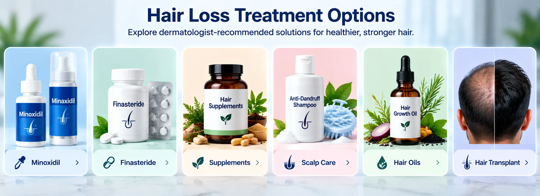 Hair Loss Treatment Options for Men Hair loss treatment categories for men featuring Minoxidil, Finasteride, hair supplements, scalp care, hair oils, and hair transplant options.