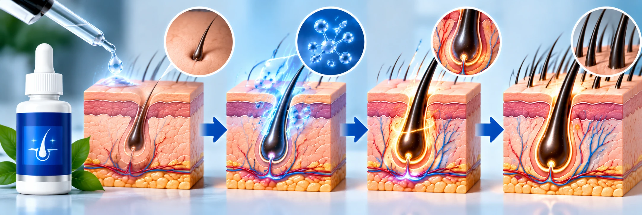 How Minoxidil Works for Hair Growth How Minoxidil works diagram showing topical application, hair follicle activity, improved growth phase, and progression from thinning to denser hair.