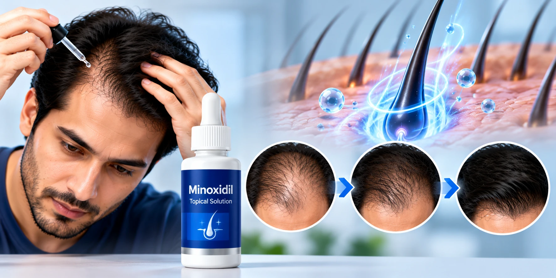 Minoxidil for Men Hair Growth Treatment Man applying Minoxidil topical solution to thinning hair with a labeled Minoxidil bottle and visual showing changes in hair density over time.