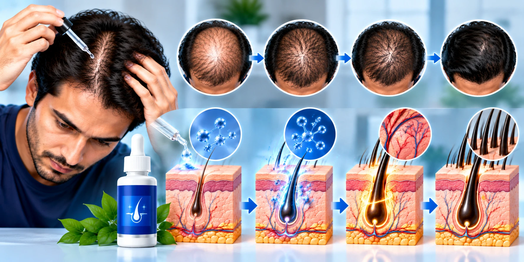 Minoxidil for Men Visual Guide Minoxidil for men visual guide showing topical application, hair follicle support, and gradual improvement in crown hair density.