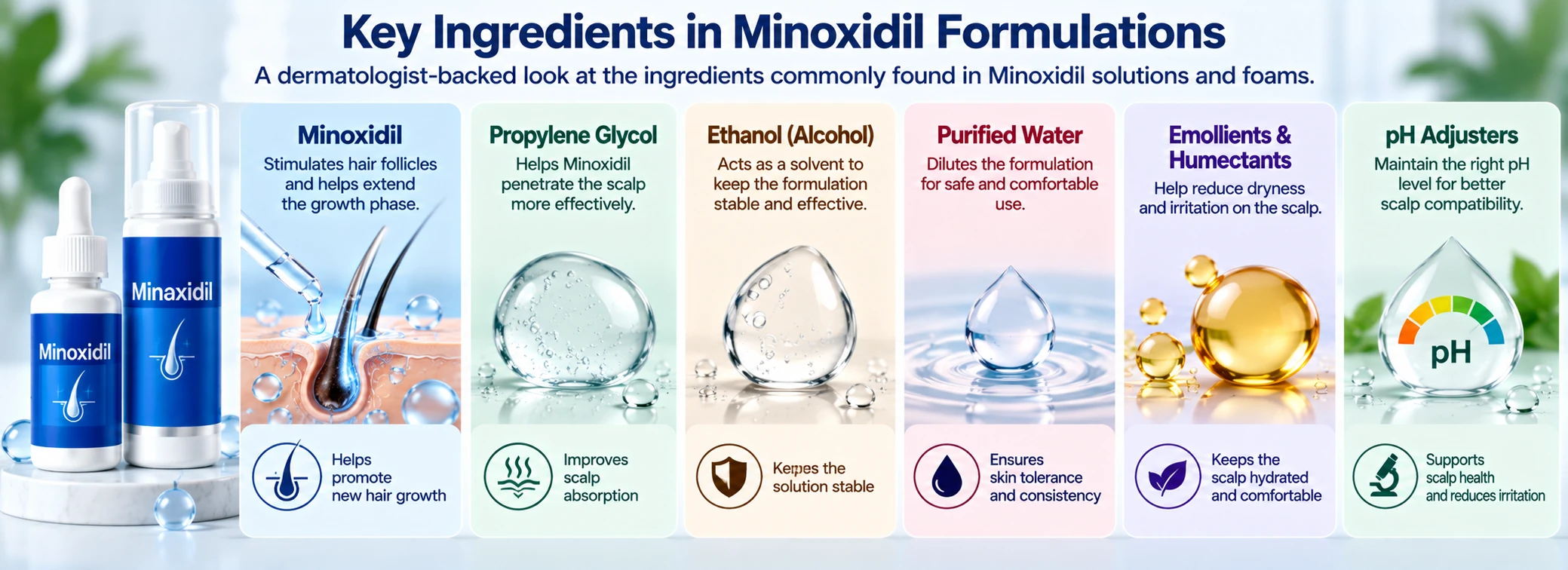 Minoxidil Ingredients & Formulation Guide Minoxidil ingredient guide showing Minoxidil, propylene glycol, ethanol, purified water, emollients, humectants, and pH adjusters used in topical formulations.
