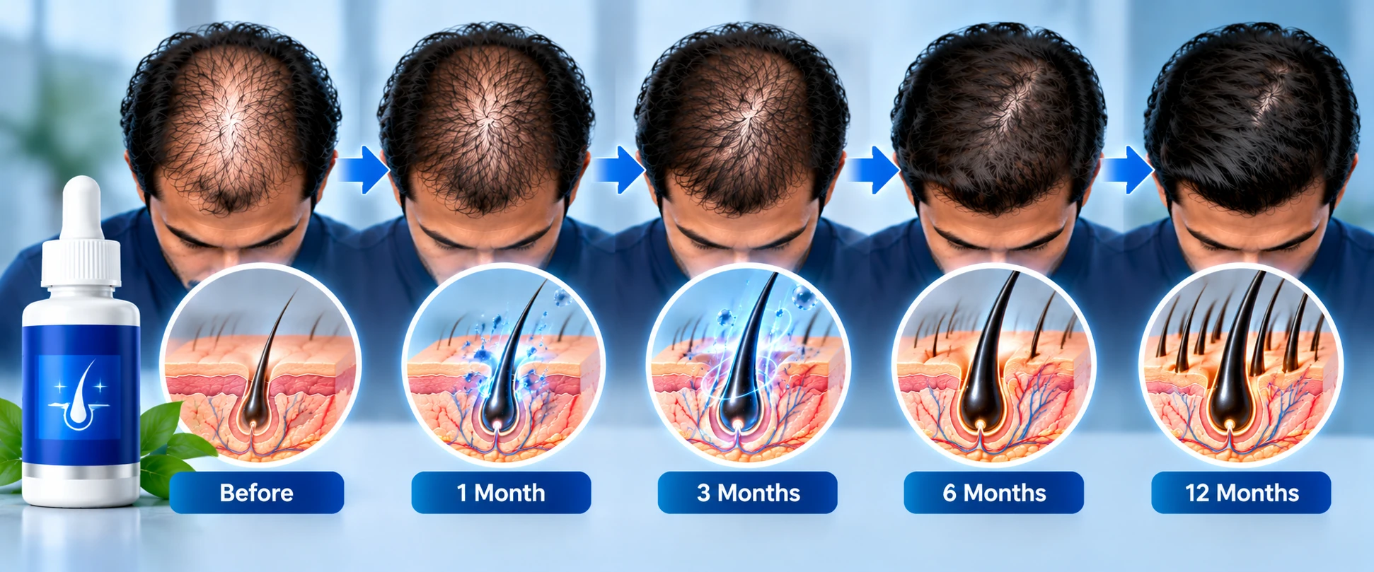 Minoxidil Hair Growth Results Timeline Minoxidil hair growth timeline showing changes in crown hair density from before treatment through 1, 3, 6, and 12 months.