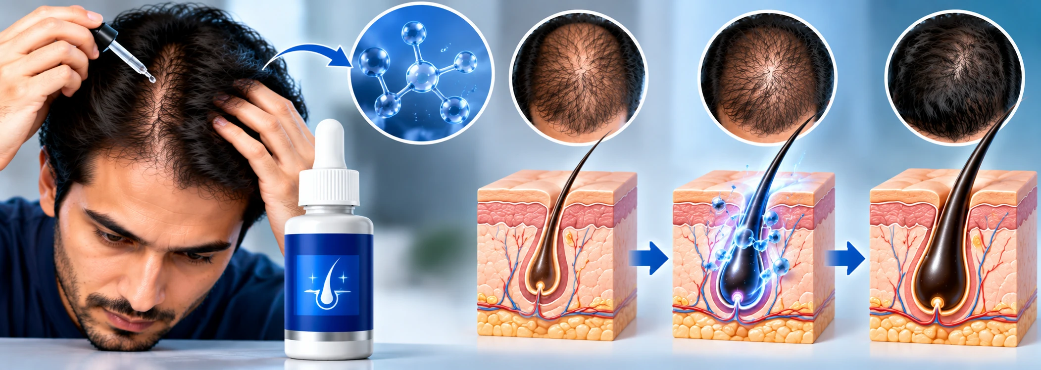 What Is Minoxidil and How Does It Work? Minoxidil explainer showing topical application to thinning hair, hair follicle activity, and progressive improvement in visible hair density.
