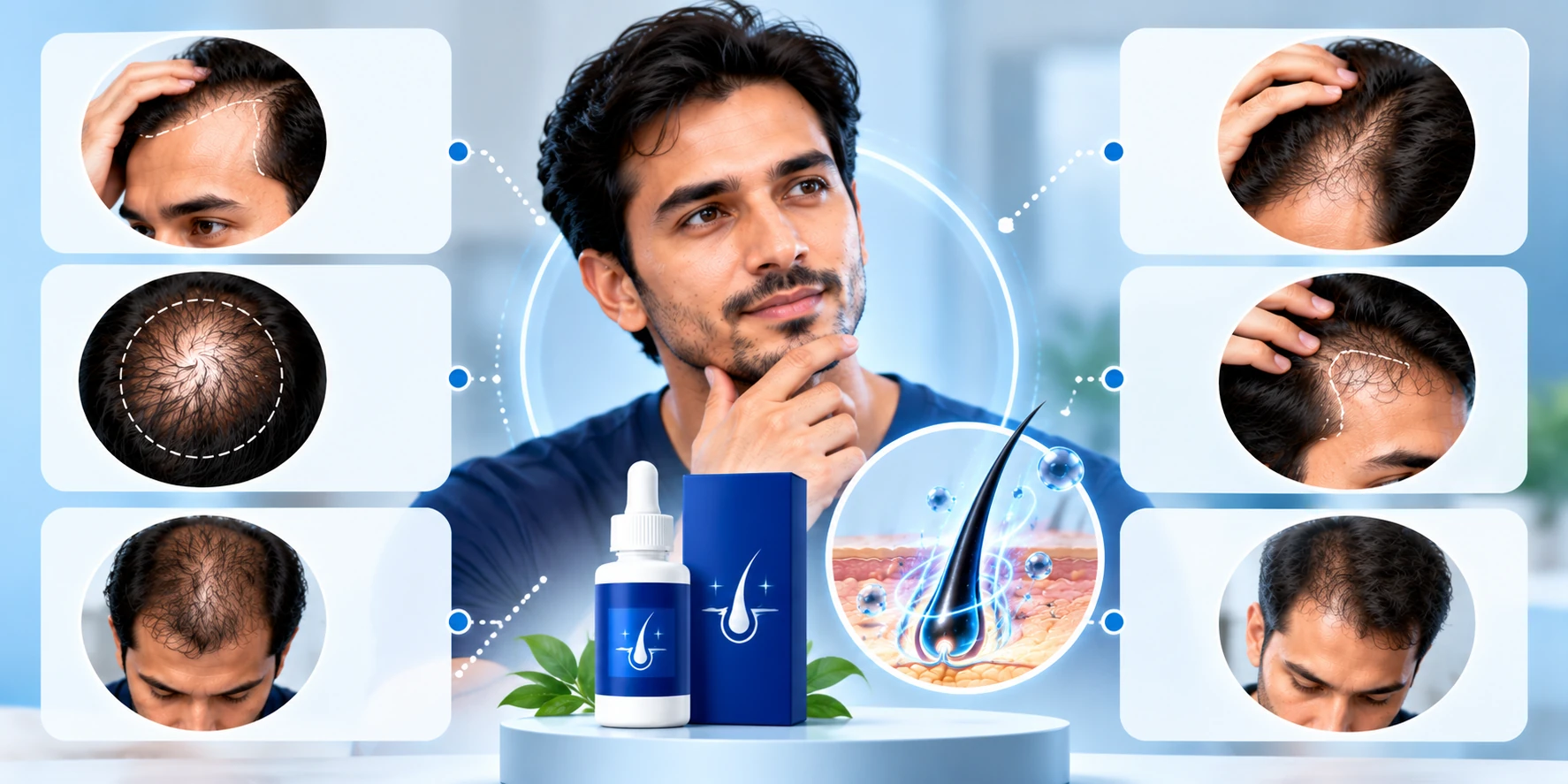 Who Minoxidil May Suit for Hair Loss Men who may suit Minoxidil treatment showing early hairline recession, crown thinning, temple thinning, and reduced hair density.