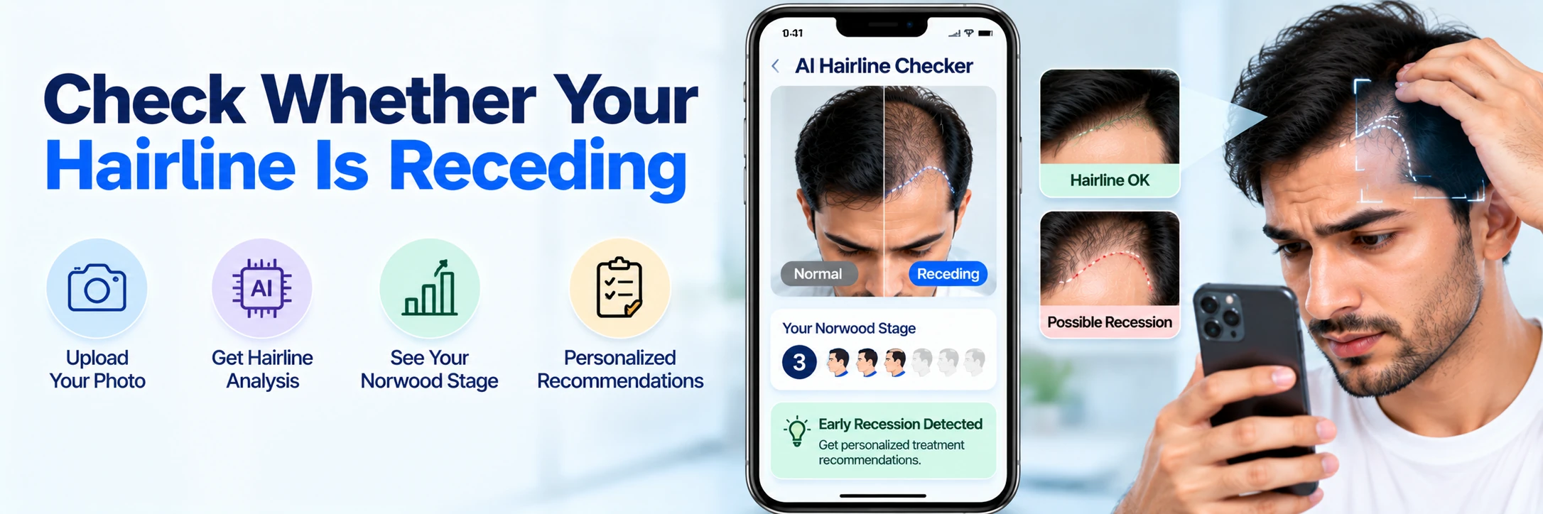 Man using an AI hairline checker to assess temple recession and identify his Norwood stage for a possible receding hairline.