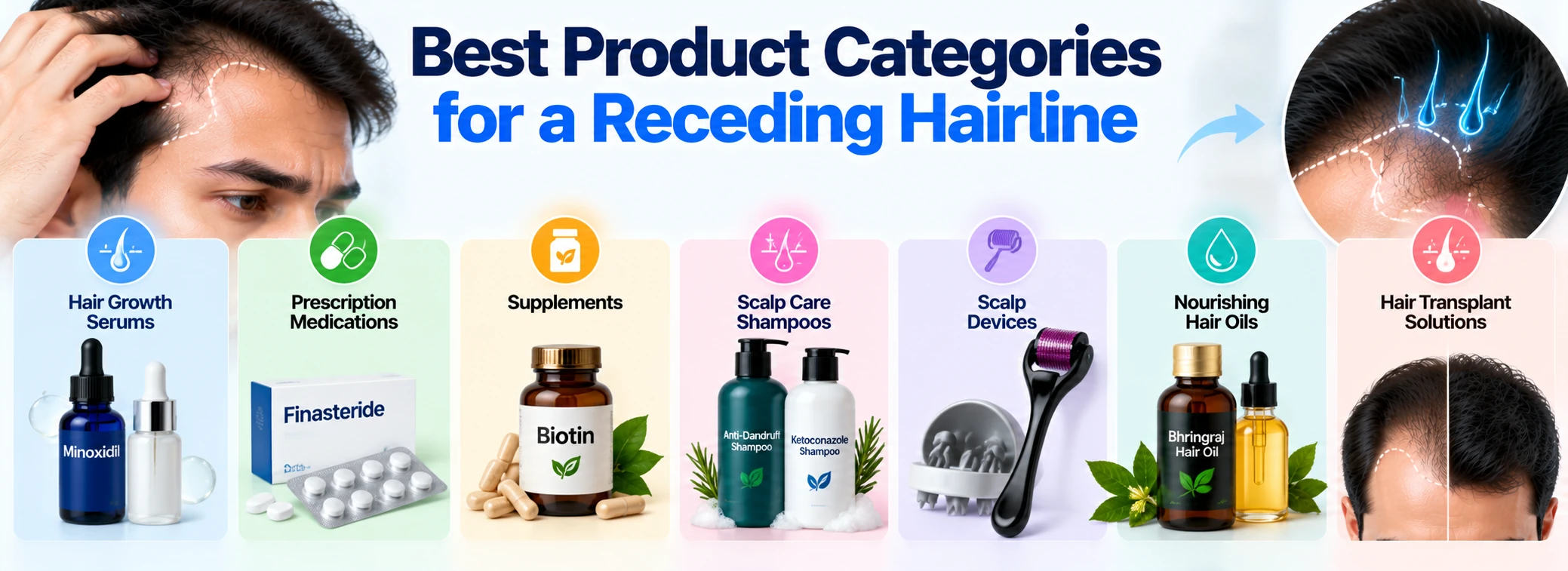 Best product categories for a receding hairline featuring Minoxidil, Finasteride, Dutasteride, anti-dandruff scalp care, hair growth serums, hair oils, supplements, and hair transplant options.