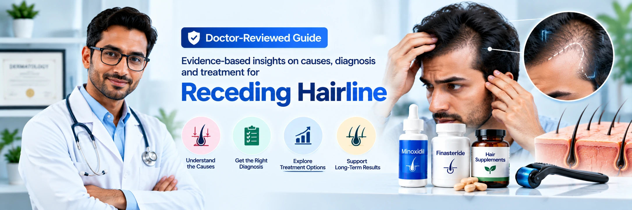 Doctor-reviewed receding hairline guide showing temple thinning, hairline assessment, Minoxidil, Finasteride, and hair loss treatment options.