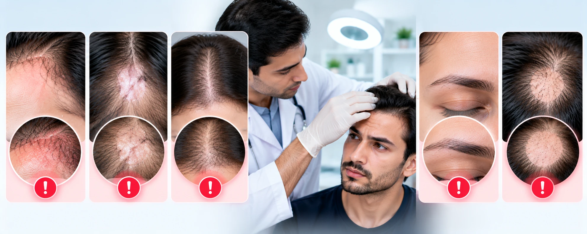 Dermatologist examining hair loss red flags including scalp redness, inflammation, scarring, patchy hair loss, and eyebrow thinning.