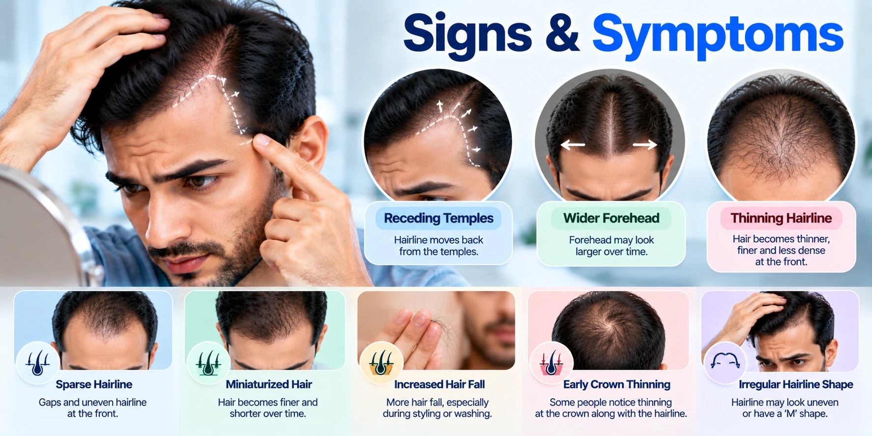Early signs of a receding hairline in men showing temple recession, wider forehead, thinning hairline, miniaturized hair, increased shedding, and crown thinning.