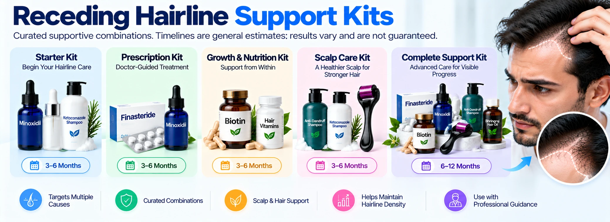 Receding hairline support kits featuring Minoxidil, Finasteride, Biotin, Ketoconazole shampoo, scalp care, hair vitamins, and supportive hair products.