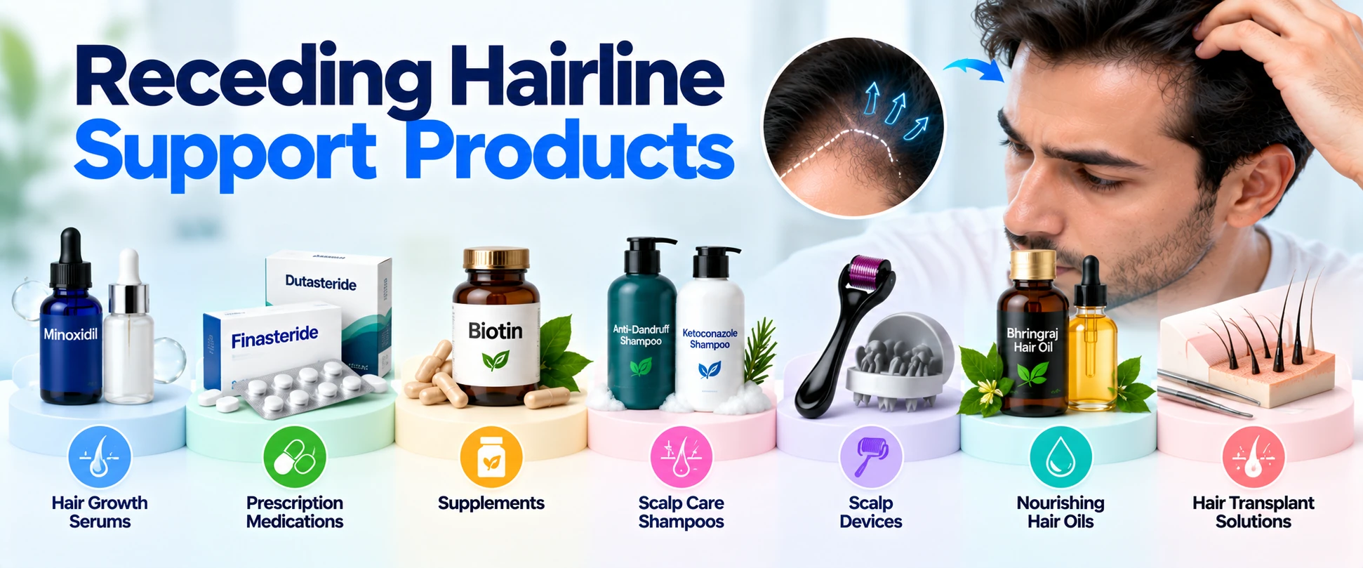 Receding hairline support products featuring Minoxidil, Finasteride, Dutasteride, supplements, scalp care shampoos, scalp devices, hair oils, and hair transplant options.