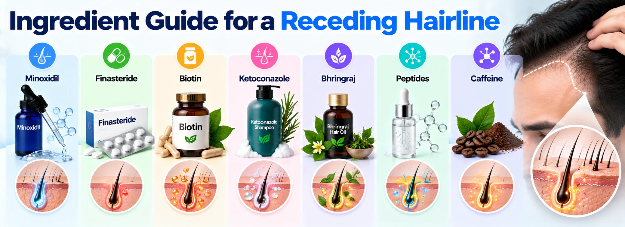 Receding hairline ingredient guide featuring Minoxidil, Finasteride, Biotin, Ketoconazole, Bhringraj, peptides, and caffeine for hair and scalp care.