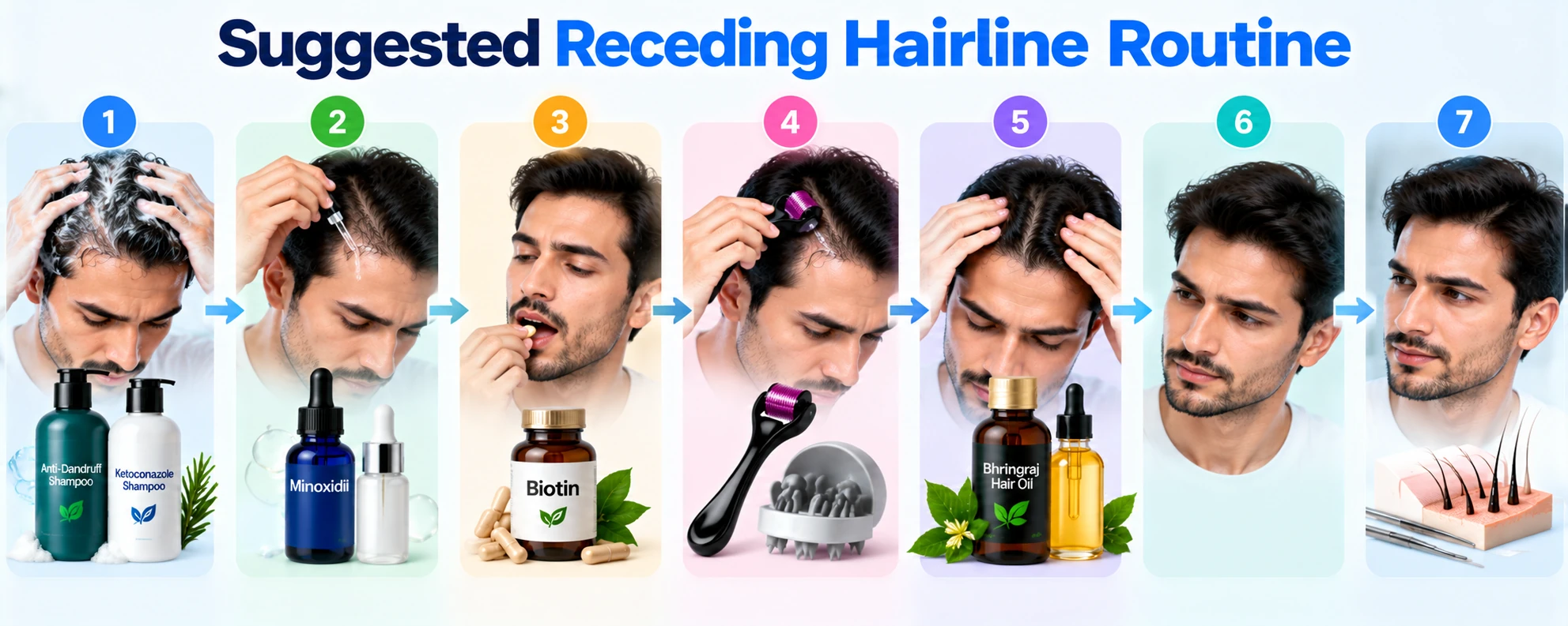 Suggested receding hairline routine showing scalp cleansing, Minoxidil, supplements, scalp care, hair oil, progress monitoring, and hair transplant consultation.