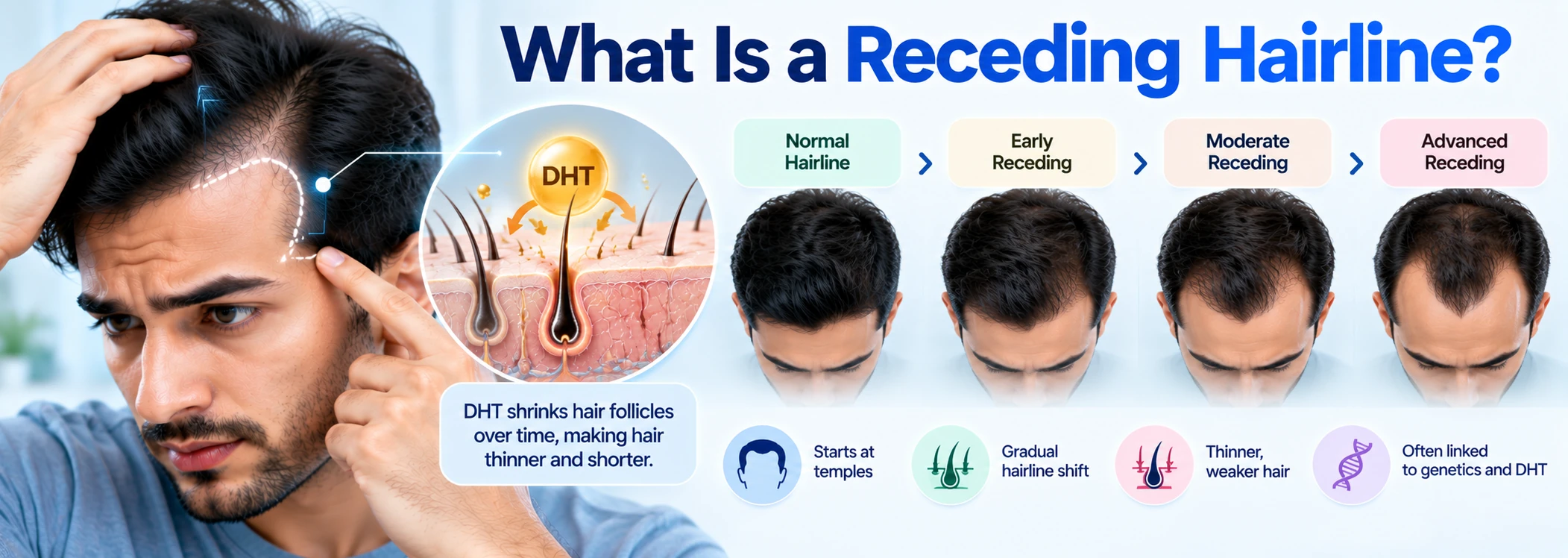 Receding hairline explainer showing temple recession, DHT-related follicle miniaturization, and progression from a normal to advanced receding hairline.