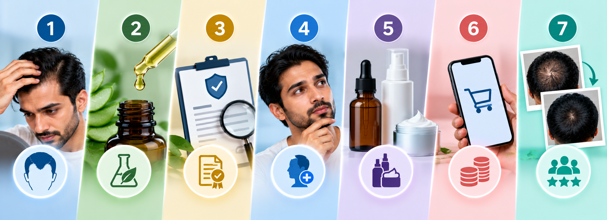 7-point checklist before buying men's hair loss products covering ingredients, safety, compatibility, price, and results